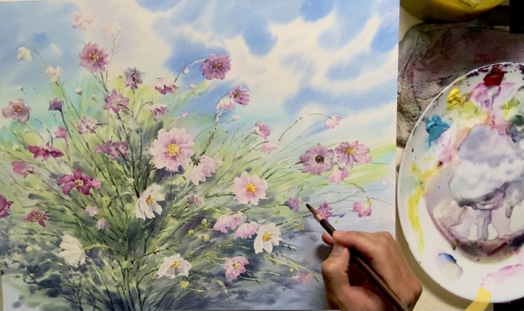 水彩画家 東有達　水彩画で秋桜を描く