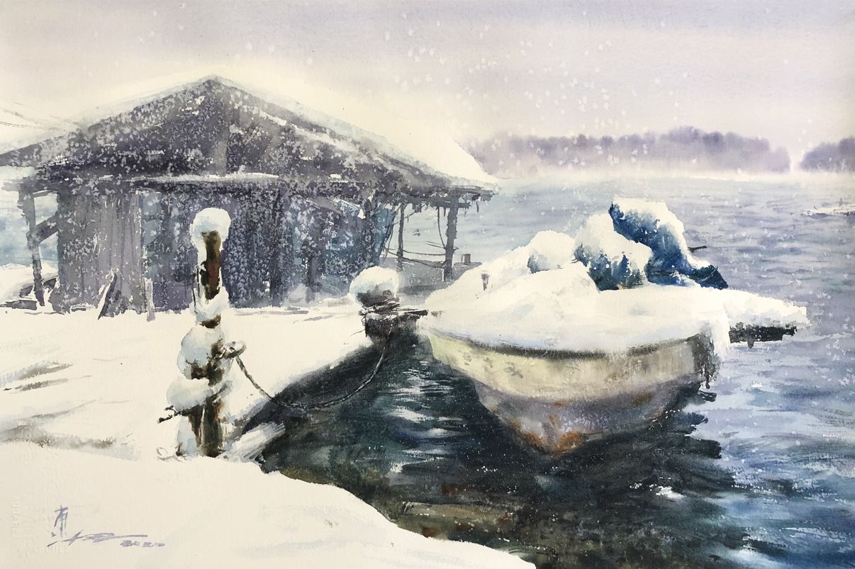 水彩画家東富有 雪景色を描く